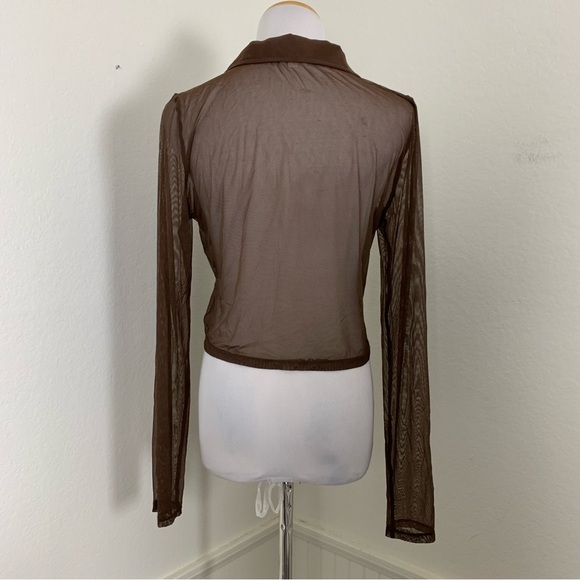 Le Lis Long sleeve semi sheer mesh collared button up chocolate brown top blouse - Picture 5 of 14